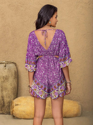 Tied Front Cutout Printed Romper - StyleLure