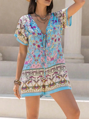 Tied Front Printed Short Sleeve Romper - StyleLure