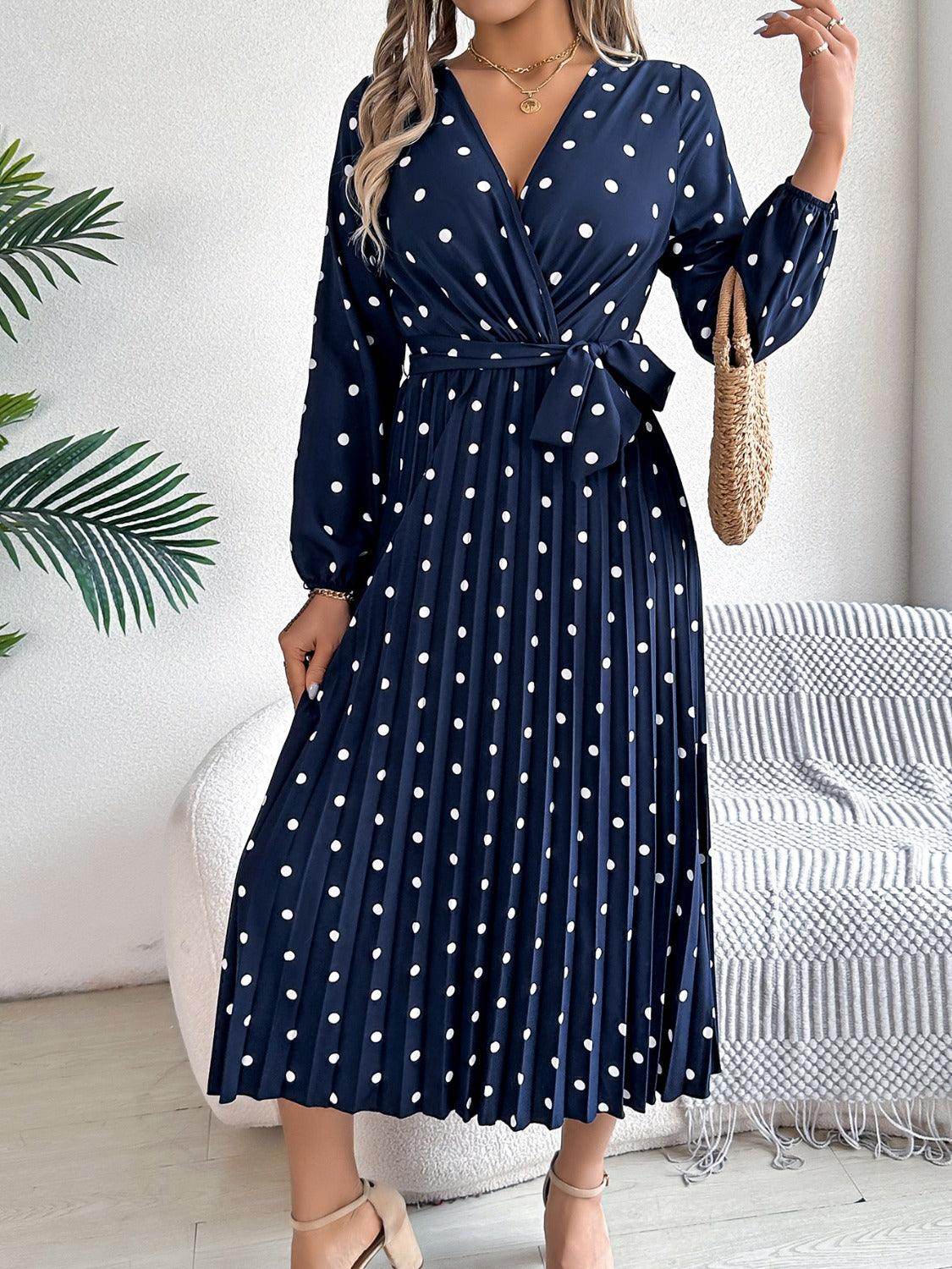 Tied Polka Dot Long Sleeve Midi Dress - StyleLure