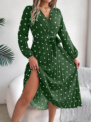 Tied Polka Dot Long Sleeve Midi Dress - StyleLure