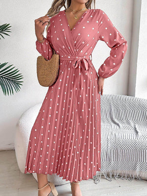 Tied Polka Dot Long Sleeve Midi Dress - StyleLure