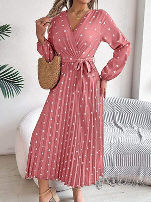 Tied Polka Dot Long Sleeve Midi Dress - StyleLure