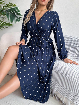 Tied Polka Dot Long Sleeve Midi Dress - StyleLure