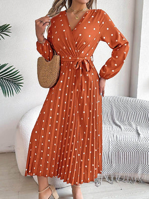 Tied Polka Dot Long Sleeve Midi Dress - StyleLure