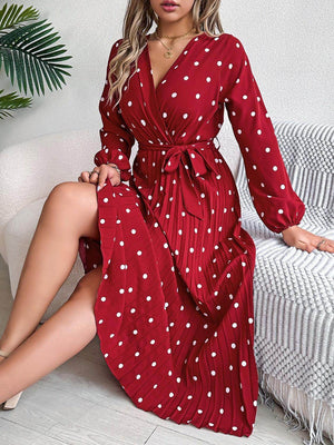 Tied Polka Dot Long Sleeve Midi Dress - StyleLure
