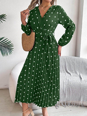 Tied Polka Dot Long Sleeve Midi Dress - StyleLure
