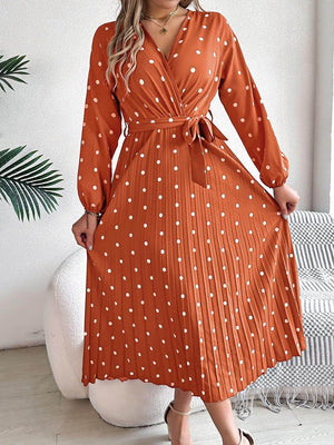 Tied Polka Dot Long Sleeve Midi Dress - StyleLure
