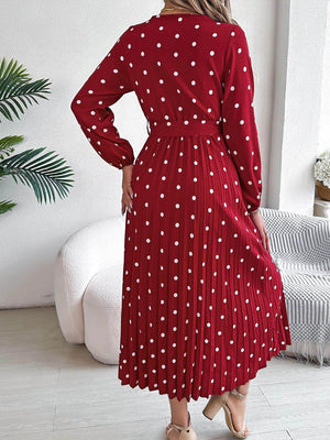 Tied Polka Dot Long Sleeve Midi Dress - StyleLure