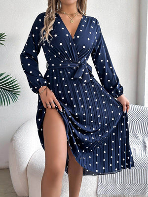 Tied Polka Dot Long Sleeve Midi Dress - StyleLure