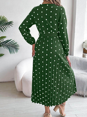 Tied Polka Dot Long Sleeve Midi Dress - StyleLure