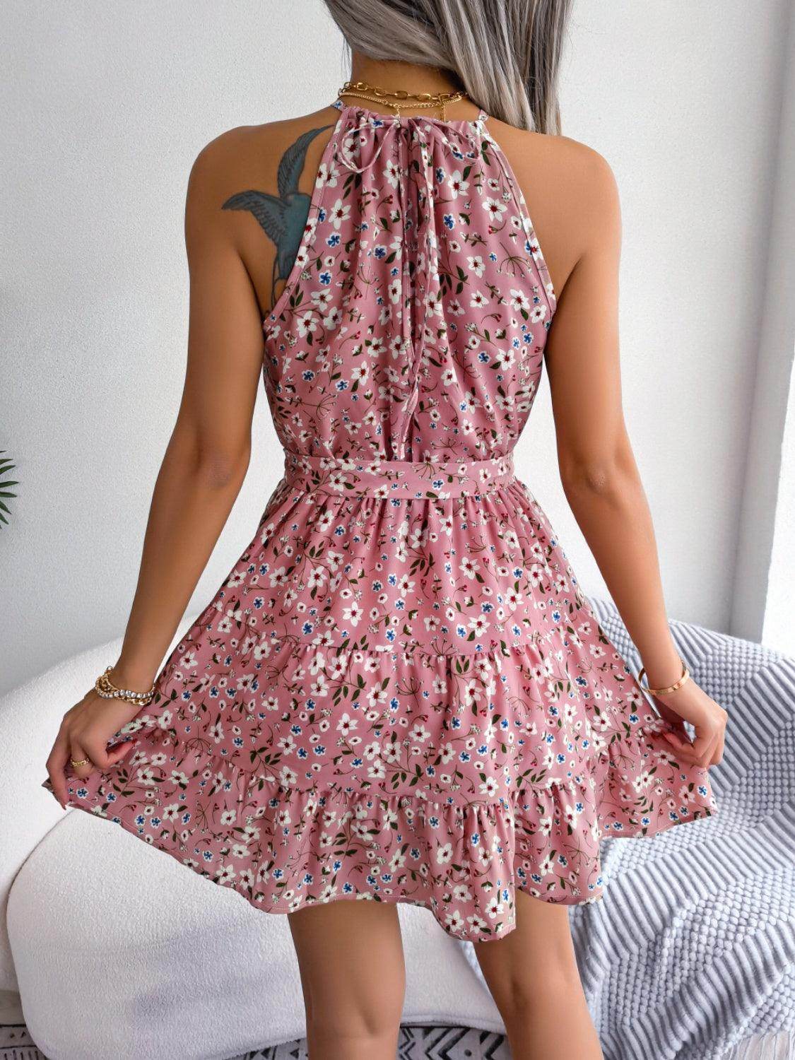 Tied Printed Grecian Neck Mini Dress - StyleLure
