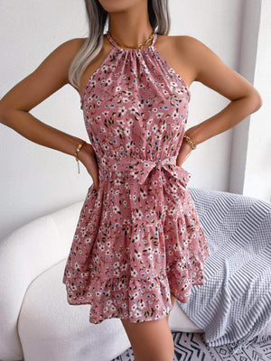 Tied Printed Grecian Neck Mini Dress - StyleLure