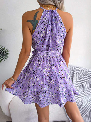 Tied Printed Grecian Neck Mini Dress - StyleLure