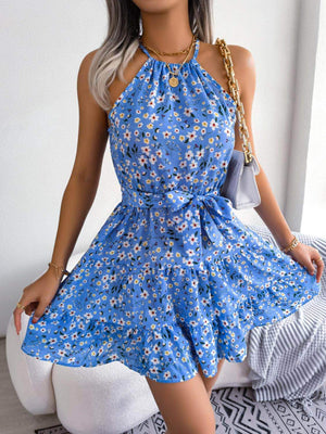 Tied Printed Grecian Neck Mini Dress - StyleLure