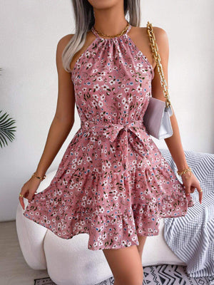 Tied Printed Grecian Neck Mini Dress - StyleLure
