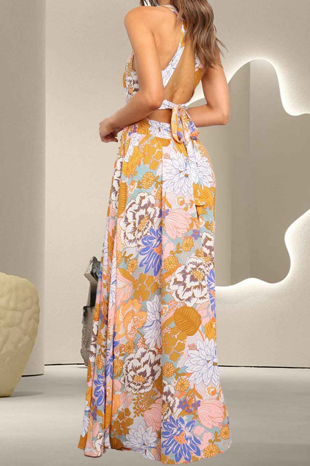Tied Printed Grecian Sleeveless Maxi Dress - StyleLure