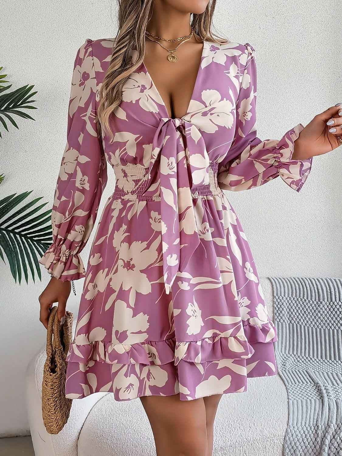 Tied Ruffled Printed Long Sleeve Dress - StyleLure