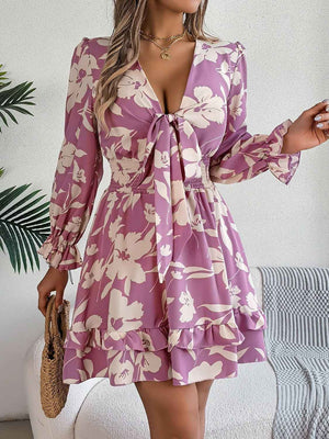Tied Ruffled Printed Long Sleeve Dress - StyleLure