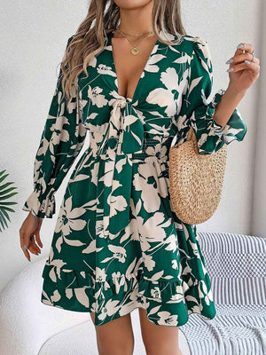 Tied Ruffled Printed Long Sleeve Dress - StyleLure