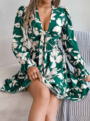 Tied Ruffled Printed Long Sleeve Dress - StyleLure