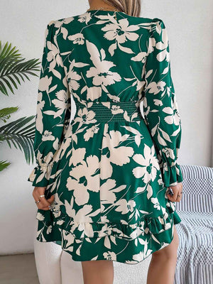 Tied Ruffled Printed Long Sleeve Dress - StyleLure