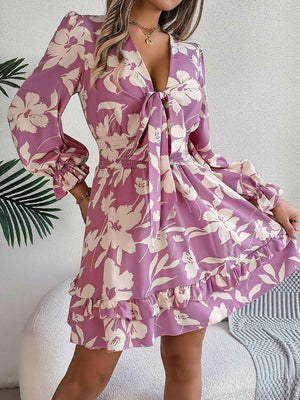 Tied Ruffled Printed Long Sleeve Dress - StyleLure