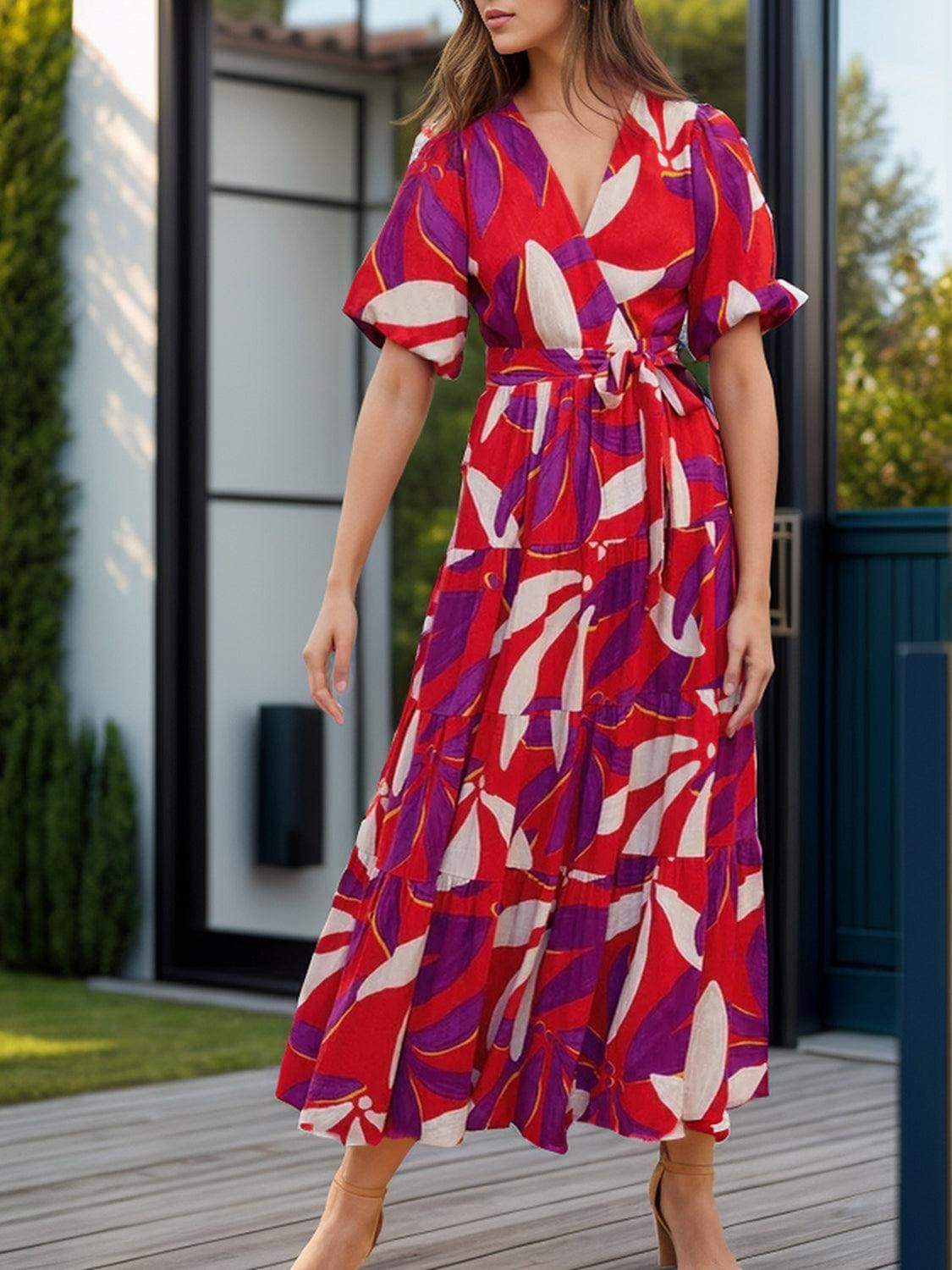 Tied Slit Printed Half Sleeve Midi Dress - StyleLure