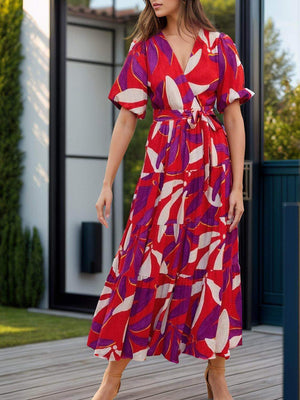 Tied Slit Printed Half Sleeve Midi Dress - StyleLure