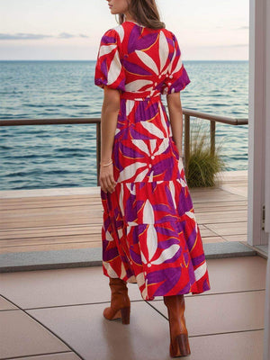 Tied Slit Printed Half Sleeve Midi Dress - StyleLure