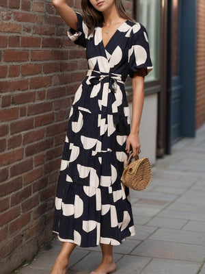 Tied Slit Printed Half Sleeve Midi Dress - StyleLure