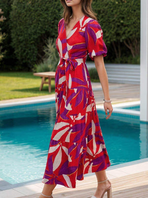 Tied Slit Printed Half Sleeve Midi Dress - StyleLure