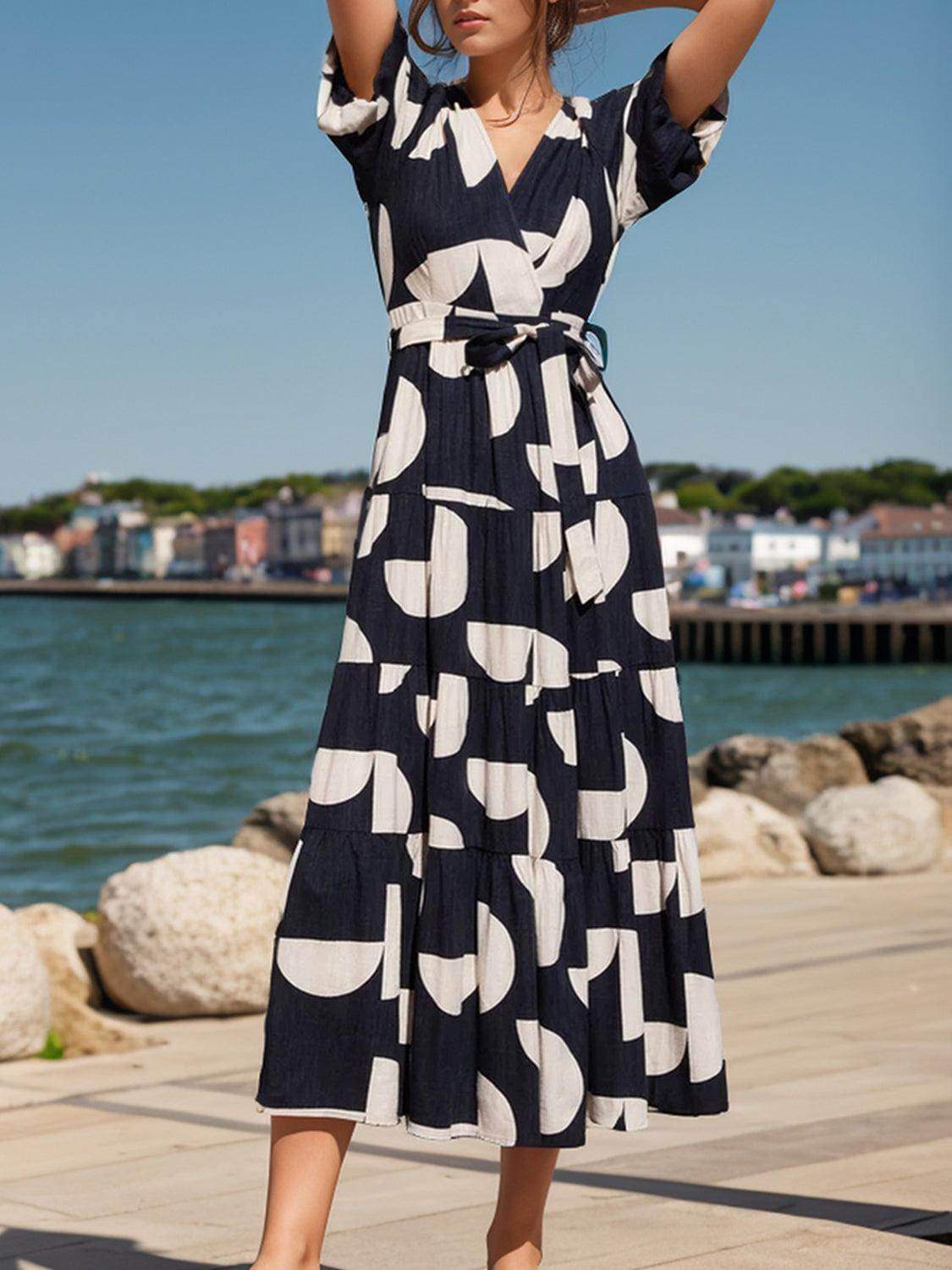Tied Slit Printed Half Sleeve Midi Dress - StyleLure
