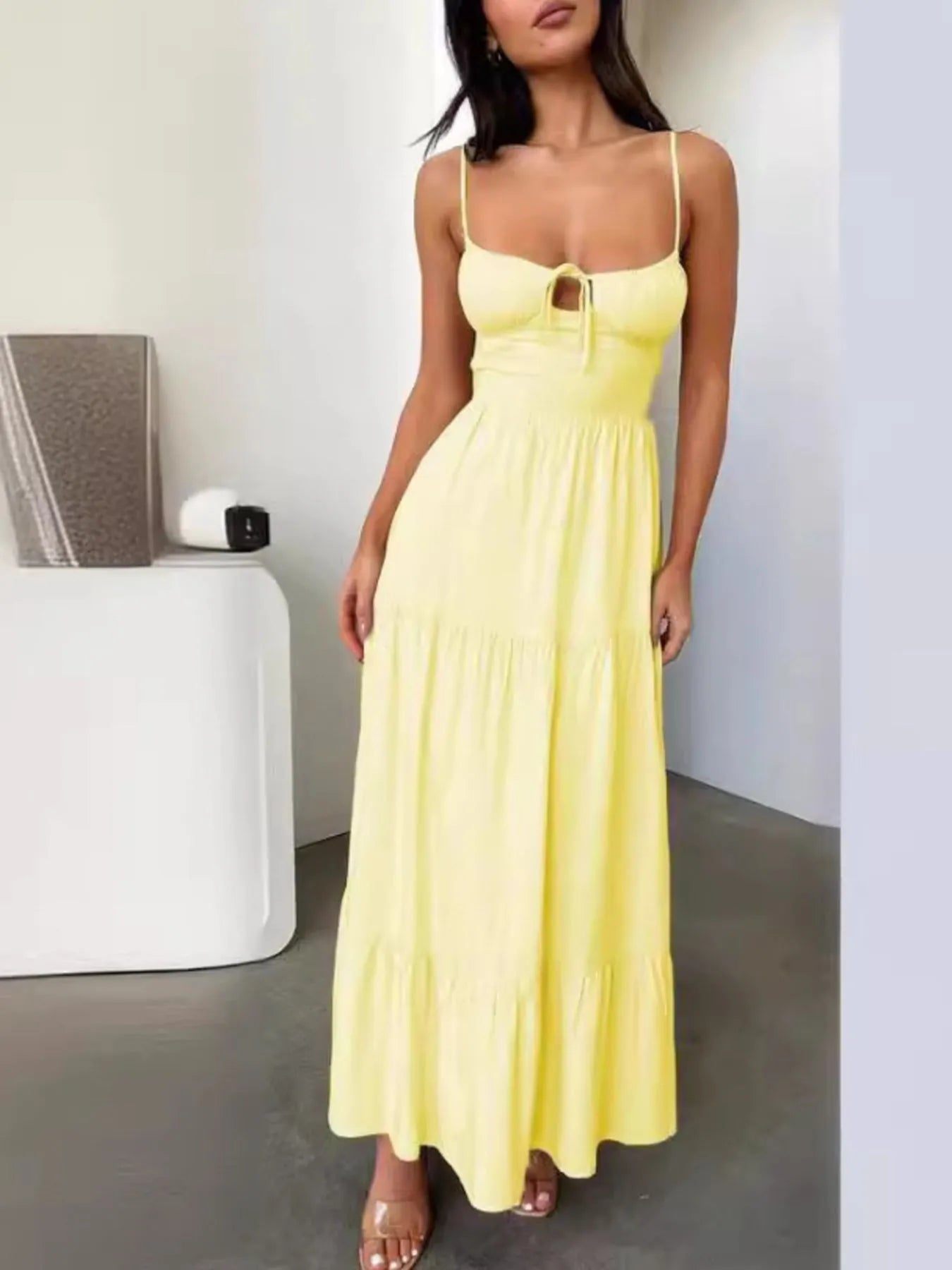 Tiered Lace Up Spaghetti Straps Maxi Dress - StyleLure