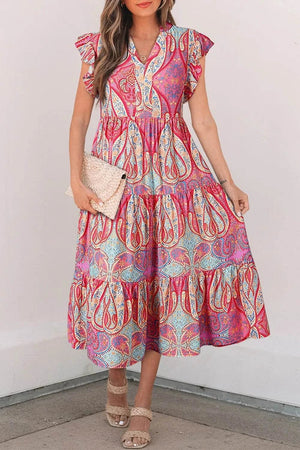 Tribal Paisley Print Ruffled Sleeve Notch Neck Midi Dress - StyleLure