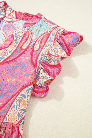 Tribal Paisley Print Ruffled Sleeve Notch Neck Midi Dress - StyleLure