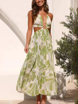 Tropical Print Backless Maxi Sleeveless Dress - StyleLure