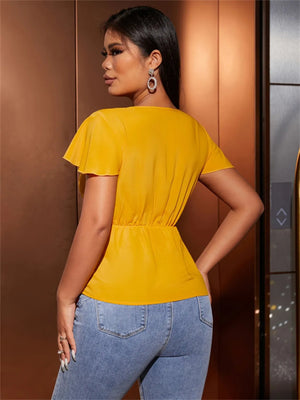 Twisted Solid V - Neck Cap Sleeve Blouse - StyleLure