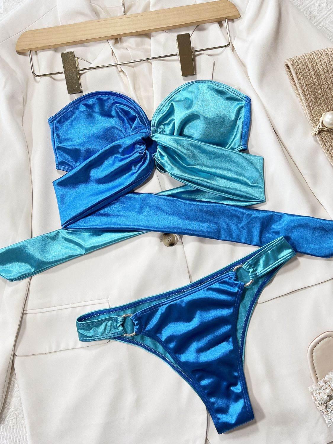 Two - Tone Ring Detail Tied Bikini Set - StyleLure