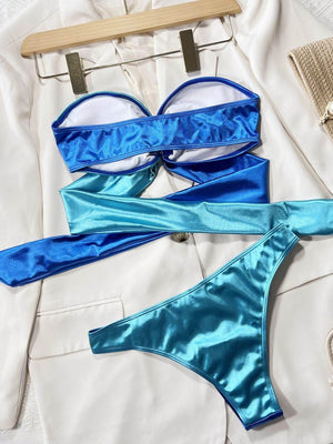 Two - Tone Ring Detail Tied Bikini Set - StyleLure