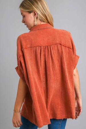 Umgee Full Size Cotton Gauze Mineral Wash Button Down Shirt Plus Size - StyleLure