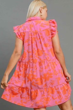 Umgee Full Size Floral Print Ruffle Cap Sleeve Tiered Dress Plus Size - StyleLure