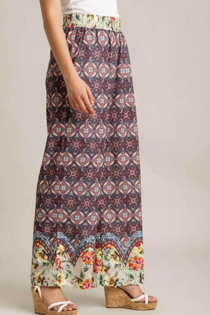 Umgee Full Size Mixed Print Elastic Waistband Pants Plus Size - StyleLure