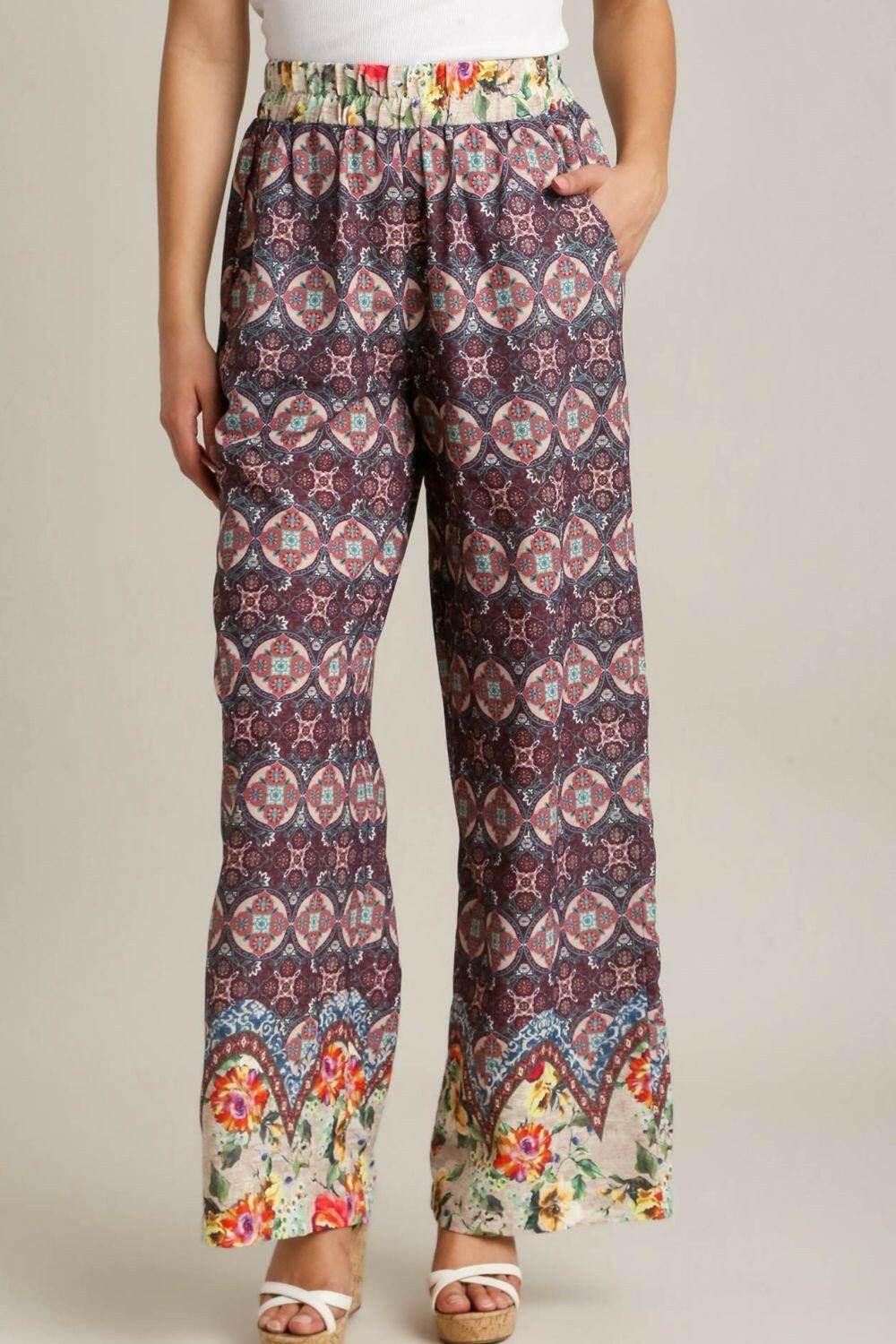 Umgee Full Size Mixed Print Elastic Waistband Pants Plus Size - StyleLure