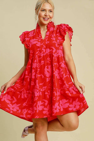 Umgee Full Size Two Tone Floral Print Ruffle Cap Sleeve Mini Dress Plus Size - StyleLure