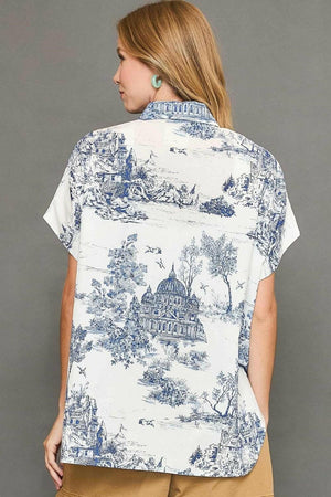 Umgee Full Size Two Tone Print Button Up Short Sleeve Shirt Plus Size - StyleLure