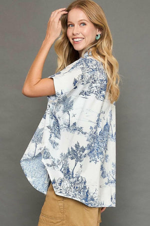 Umgee Full Size Two Tone Print Button Up Short Sleeve Shirt Plus Size - StyleLure