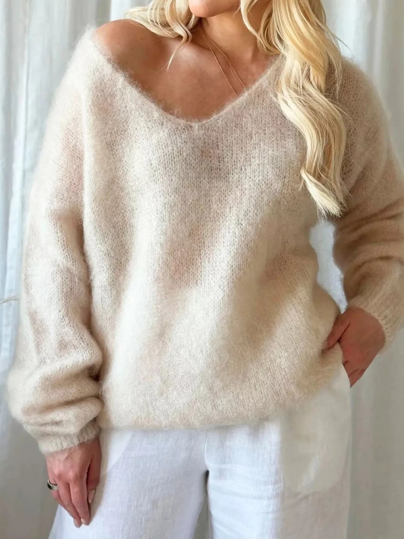 V - Neck Dropped Shoulder Sweater - StyleLure
