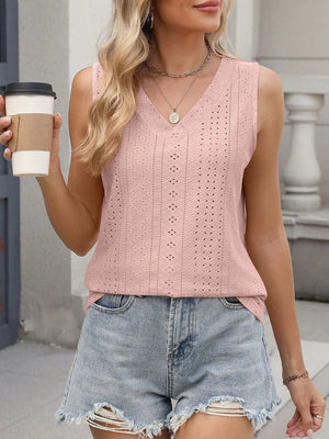V - Neck Eyelet Knit Cami Tank Top - StyleLure