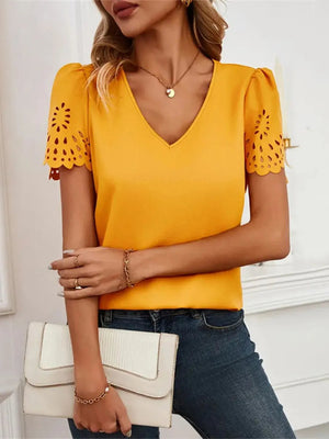 V - Neck Laser Cut Sleeve Blouse - StyleLure