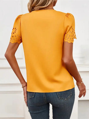 V - Neck Laser Cut Sleeve Blouse - StyleLure
